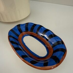 Vintage California Pantry Blue and Brown Striped Ceramic Trinket Dish